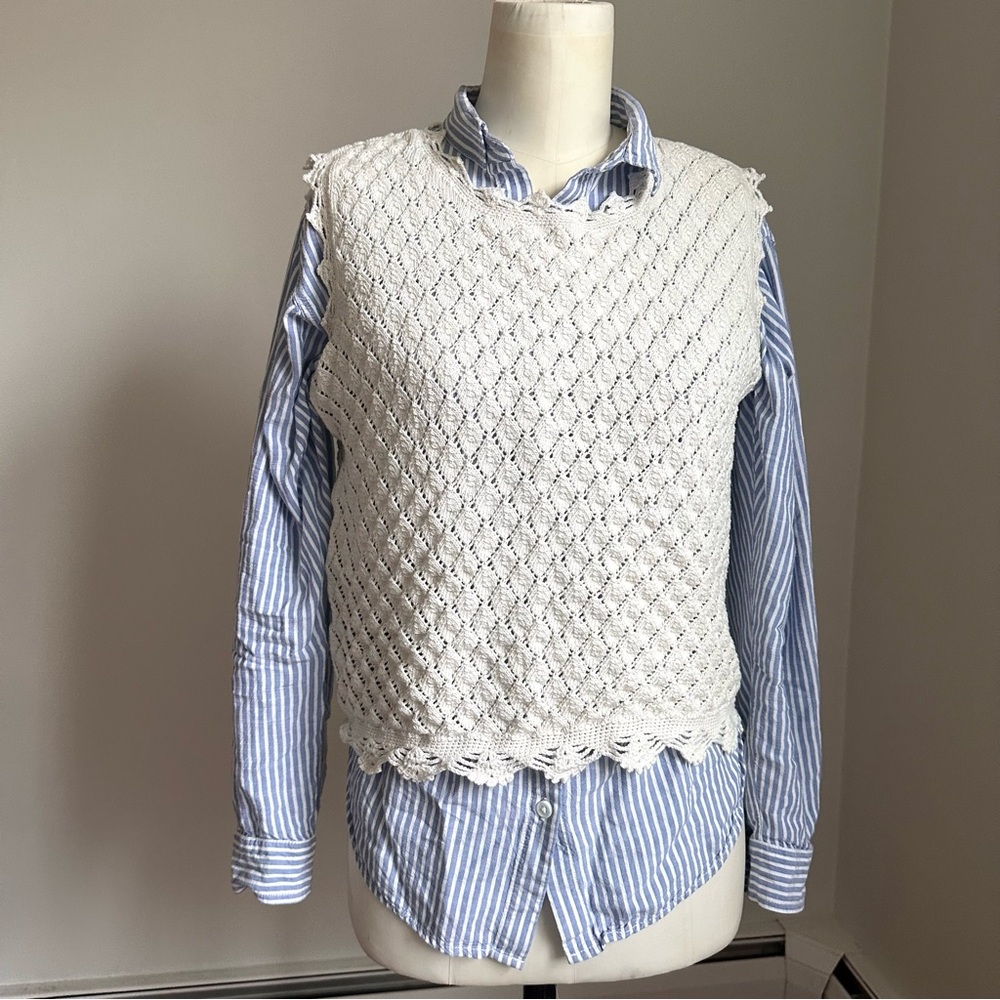 Vintage Knit Sleeveless Sweater - Cream Boho Scalloped Lace Hem, Textured Knit M